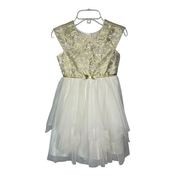 Jona Michelle Girls 6 Gold Brocade Ivory Tulle Sleeveless Formal Party Dress - Picture 1 of 11